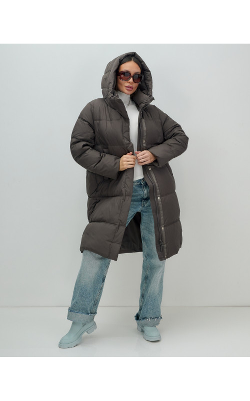 Длинный женский пуховик с капюшоном для зимы.