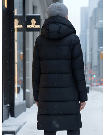 Длинный женский пуховик с капюшоном для зимы