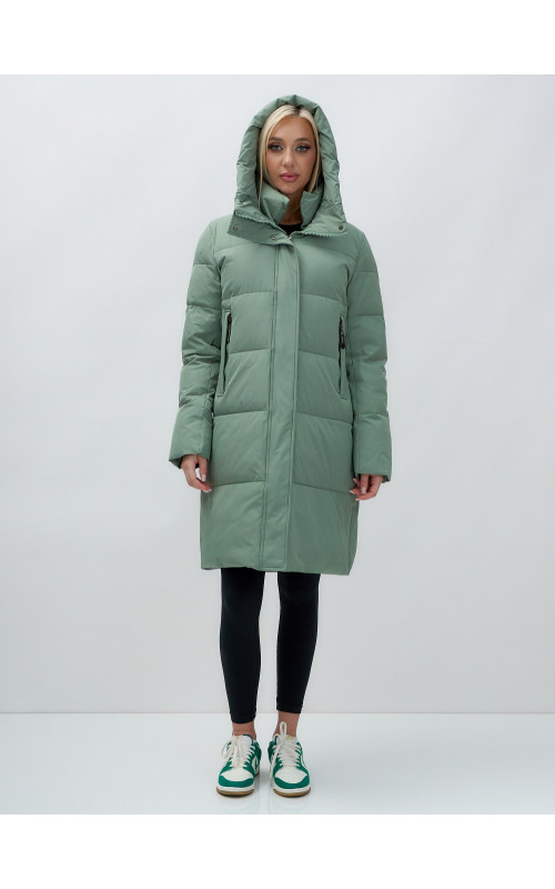 Тёплый женский пуховик с капюшоном до колена.