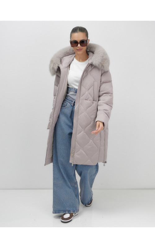Длинный зимний пуховик с мехом песца.