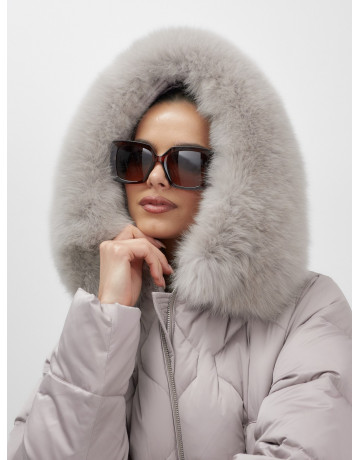 Длинный зимний пуховик с мехом песца.