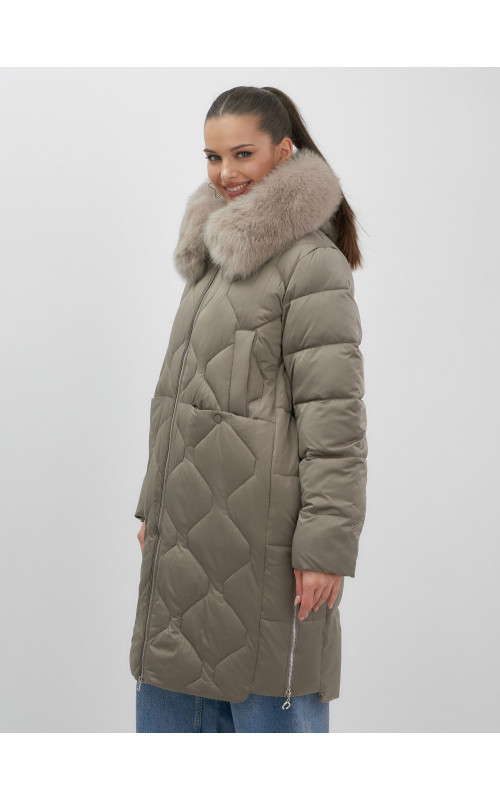 Длинный зимний пуховик с мехом песца.
