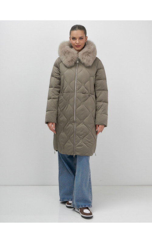 Длинный зимний пуховик с мехом песца.