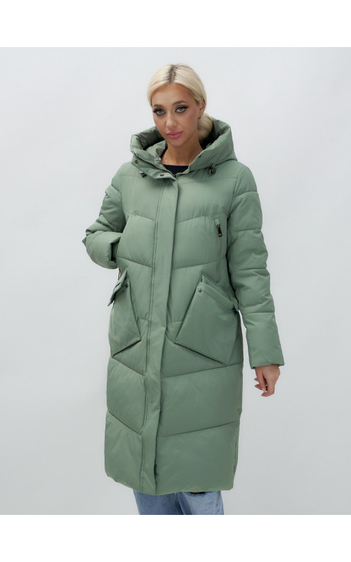 Длинный женский пуховик с капюшоном