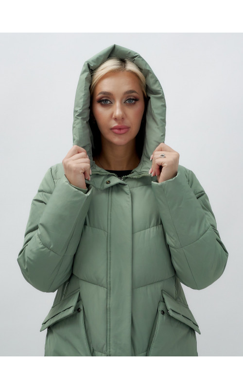 Длинный женский пуховик с капюшоном