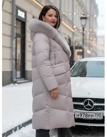 Пуховик премиум-класса с английским воротником из натурального меха кролика, зима 2025