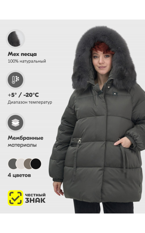 Пуховик с мехом песца, элегантный и стильный, для зимы 2025.