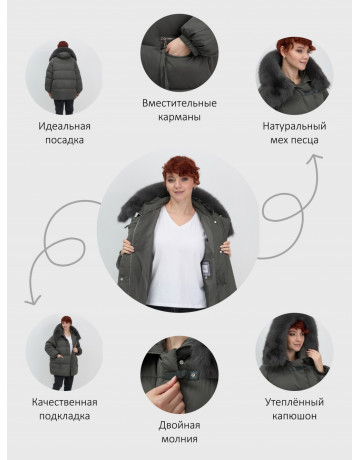 Пуховик с мехом песца, элегантный и стильный, для зимы 2025.