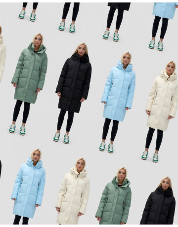 Тёплый женский пуховик до колена с капюшоном.