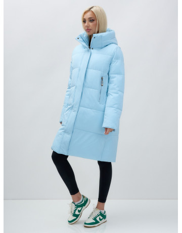 Тёплый женский пуховик до колена с капюшоном.