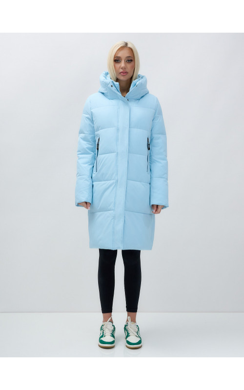 Тёплый женский пуховик до колена с капюшоном.