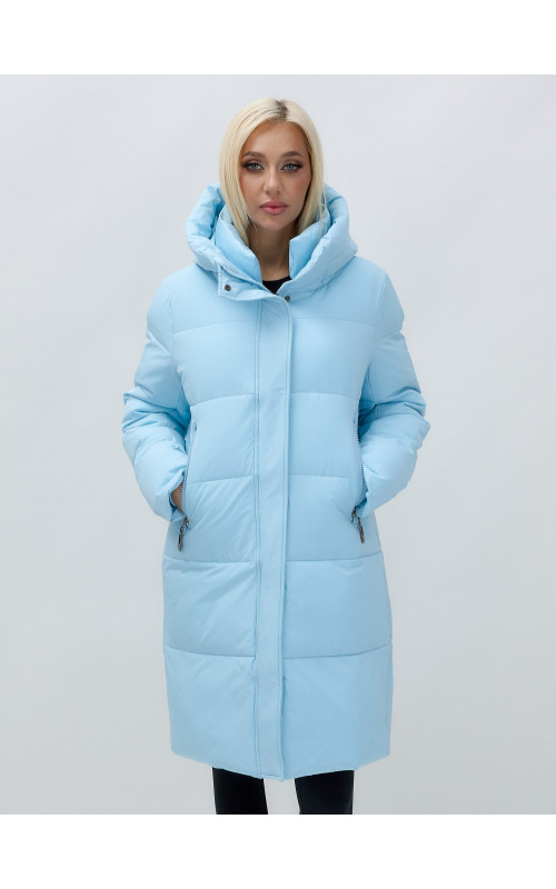 Тёплый женский пуховик до колена с капюшоном.