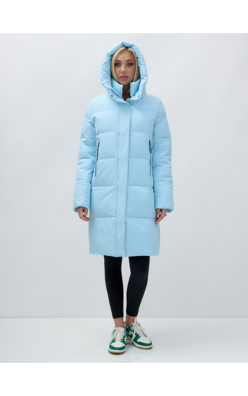 Тёплый женский пуховик до колена с капюшоном.