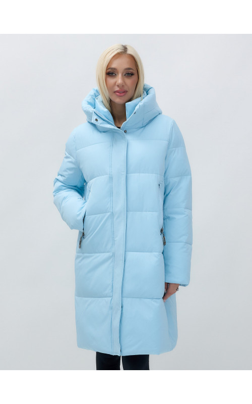 Тёплый женский пуховик до колена с капюшоном.