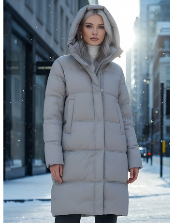 Длинный женский пуховик с капюшоном для зимы.