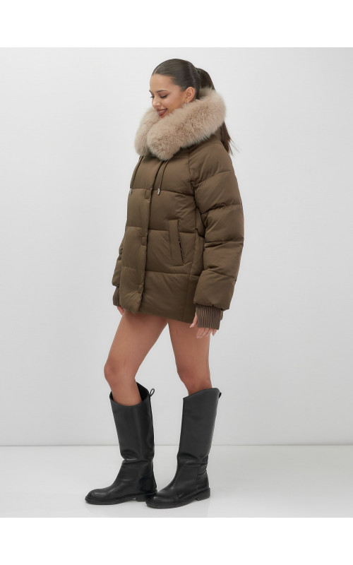 Пуховик с мехом песца, зима 2025, свободный крой