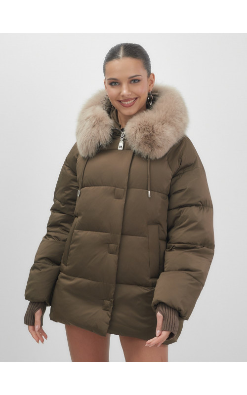 Пуховик с мехом песца, зима 2025, свободный крой