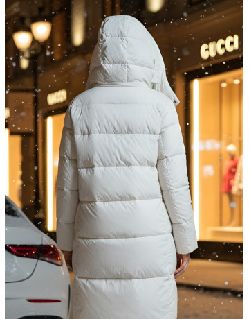 Длинный женский пуховик с капюшоном для зимы