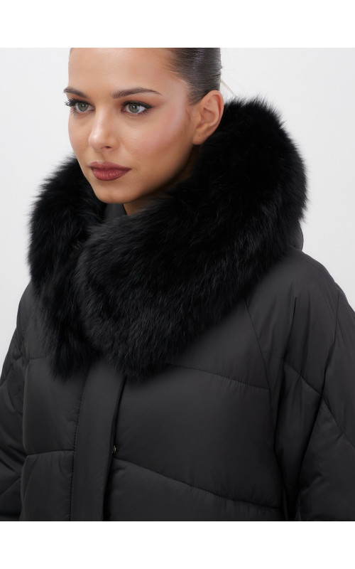 Пуховик с мехом песца для женщин, удлиненный, чёрный.