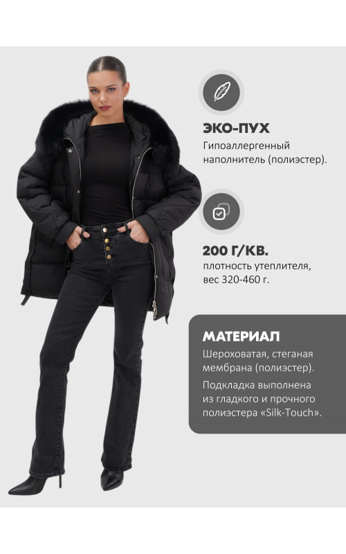 Пуховик с мехом песца для женщин, удлиненный, чёрный.