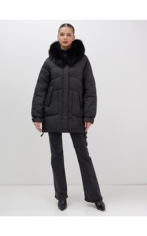 Пуховик с мехом песца для женщин, удлиненный, чёрный.