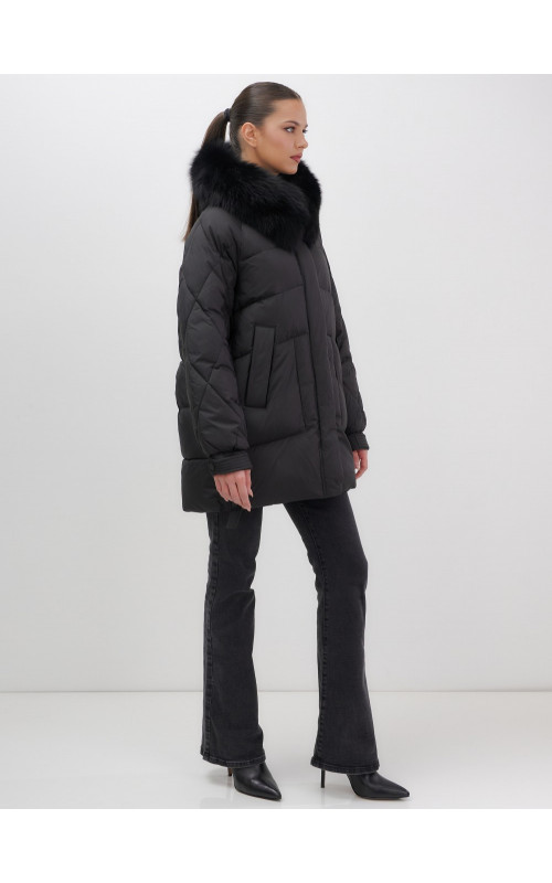 Пуховик с мехом песца для женщин, удлиненный, чёрный.