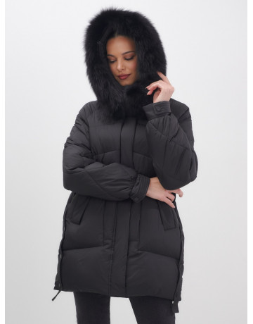 Пуховик с мехом песца для женщин, удлиненный, чёрный.