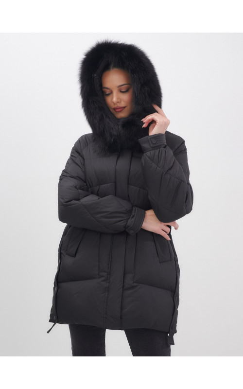 Пуховик с мехом песца для женщин, удлиненный, чёрный.