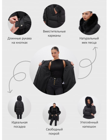 Пуховик с мехом песца для женщин, удлиненный, чёрный.