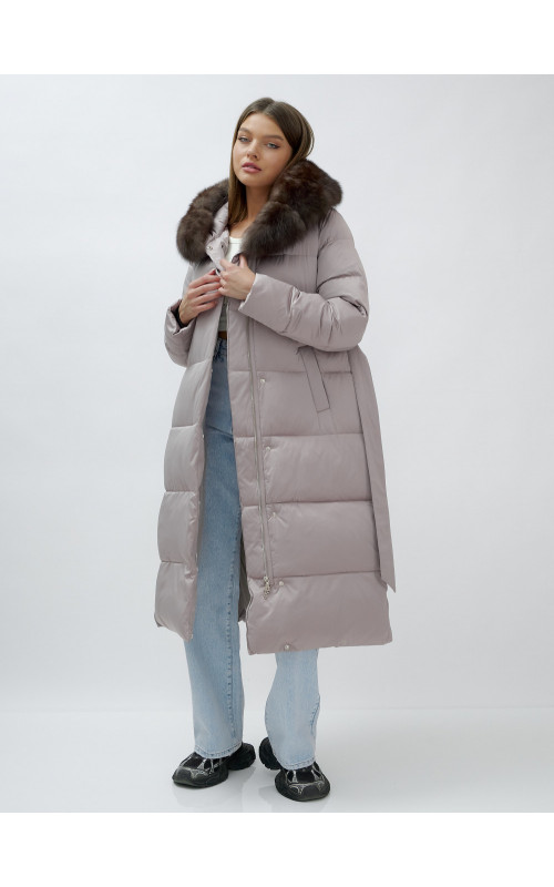 Длинный женский пуховик с мехом песца