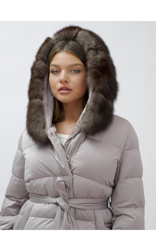 Длинный женский пуховик с мехом песца