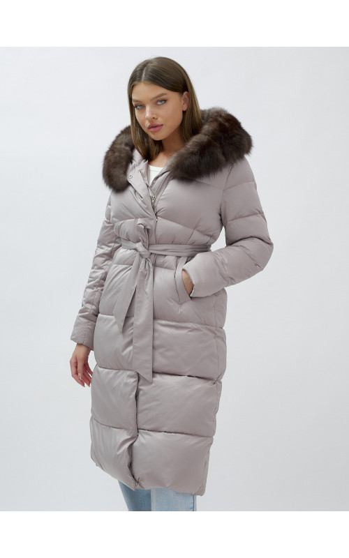 Длинный женский пуховик с мехом песца