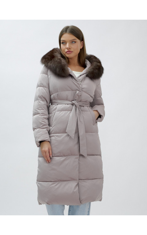 Длинный женский пуховик с мехом песца