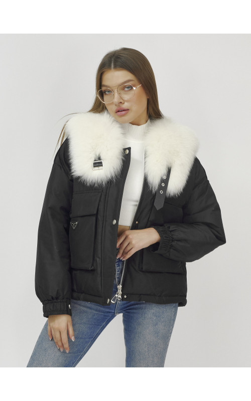Зимний женский бомбер-куртка с мехом песца.