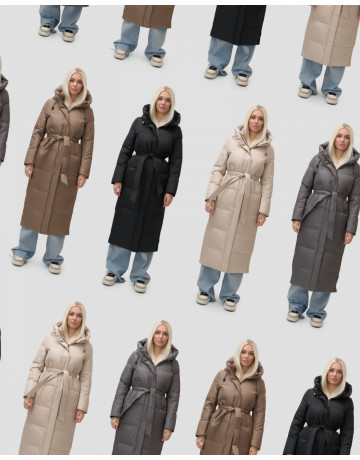 Тёплый женский пуховик с поясом и капюшоном.