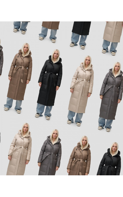 Тёплый женский пуховик с поясом и капюшоном.