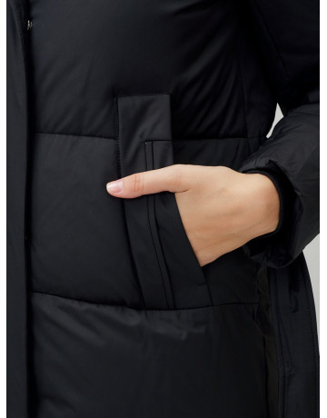 Тёплый женский пуховик с поясом и капюшоном.