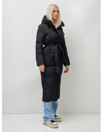 Тёплый женский пуховик с поясом и капюшоном.