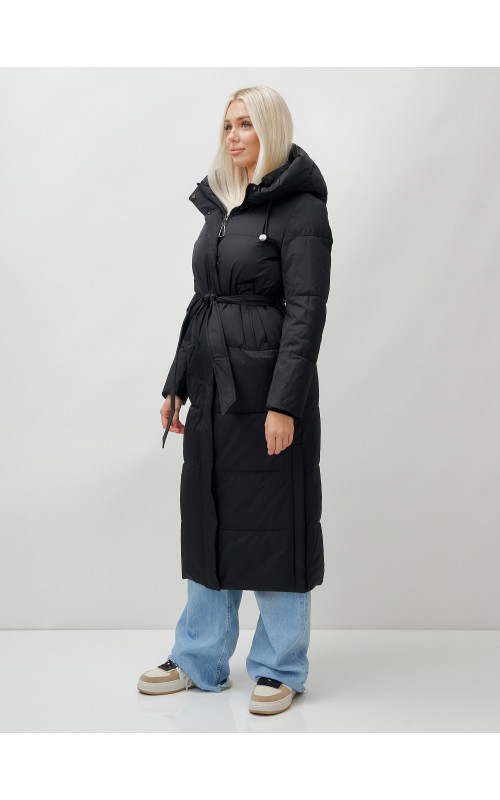 Тёплый женский пуховик с поясом и капюшоном.