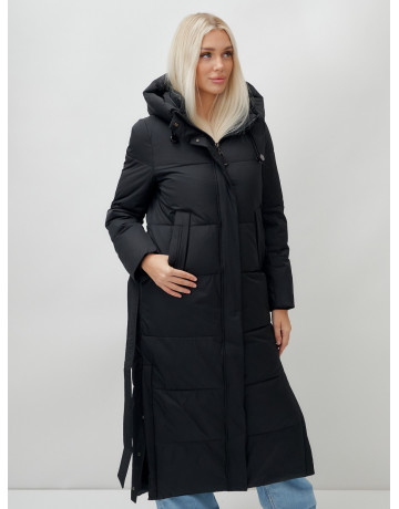 Тёплый женский пуховик с поясом и капюшоном.