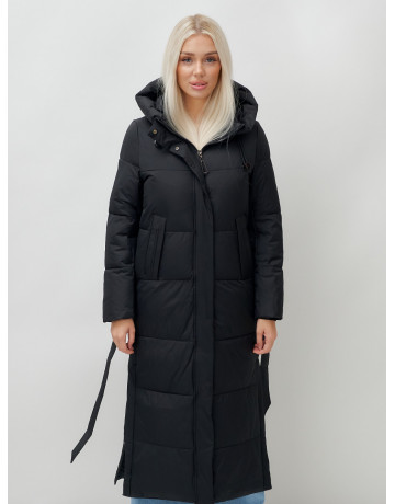 Тёплый женский пуховик с поясом и капюшоном.