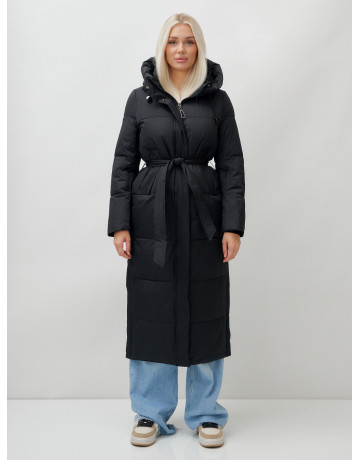 Тёплый женский пуховик с поясом и капюшоном.