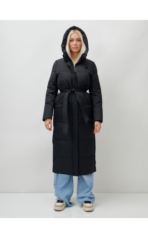 Тёплый женский пуховик с поясом и капюшоном.