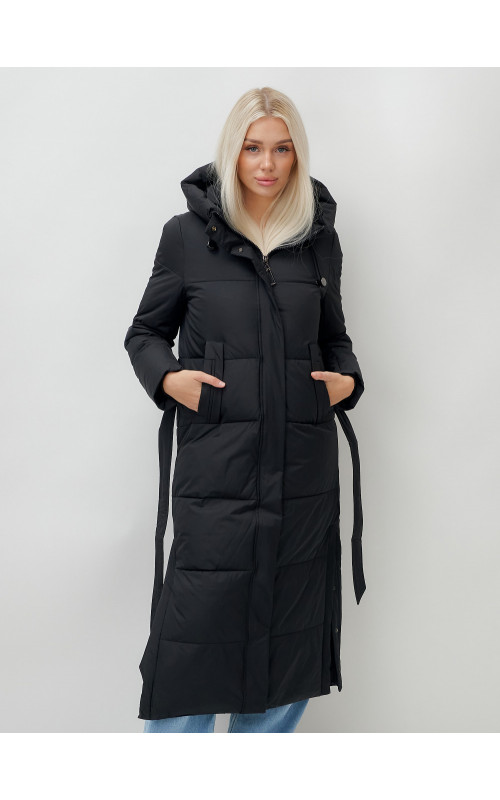 Тёплый женский пуховик с поясом и капюшоном.