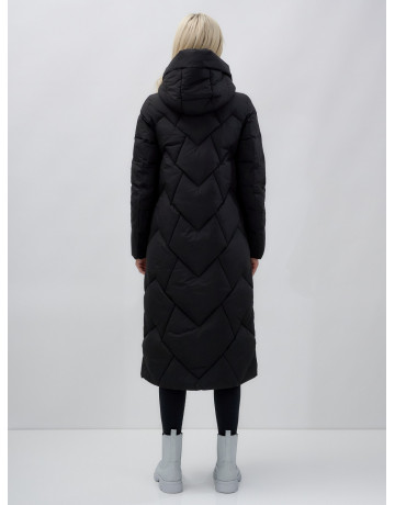 Длинный женский пуховик прямого кроя с капюшоном.