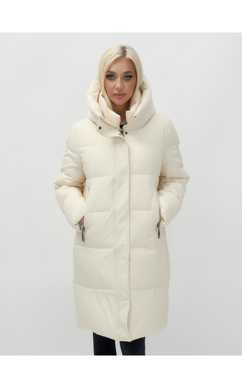 Тёплый женский пуховик с капюшоном до колена.