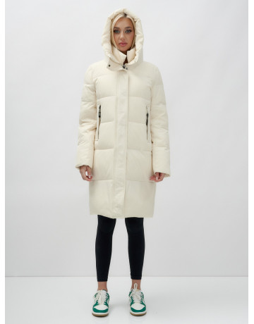 Тёплый женский пуховик с капюшоном до колена.