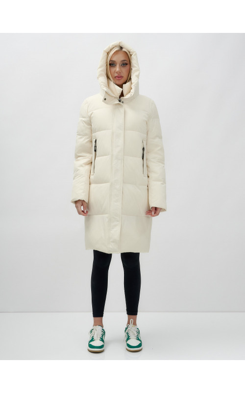 Тёплый женский пуховик с капюшоном до колена.