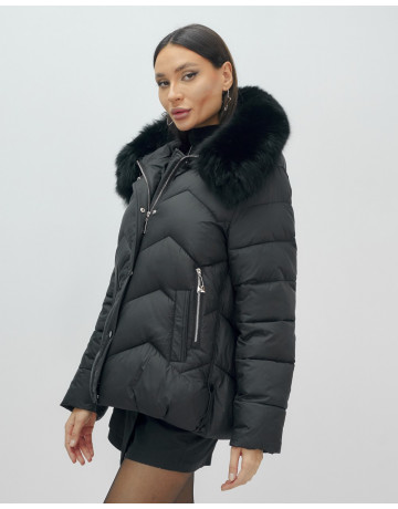 Пуховик для леди с защитой от влаги, песцовым мехом, чёрный.