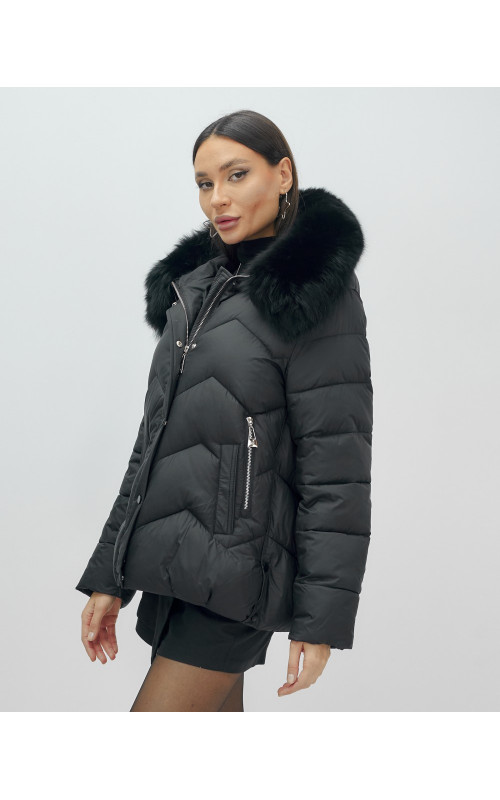 Пуховик для леди с защитой от влаги, песцовым мехом, чёрный.